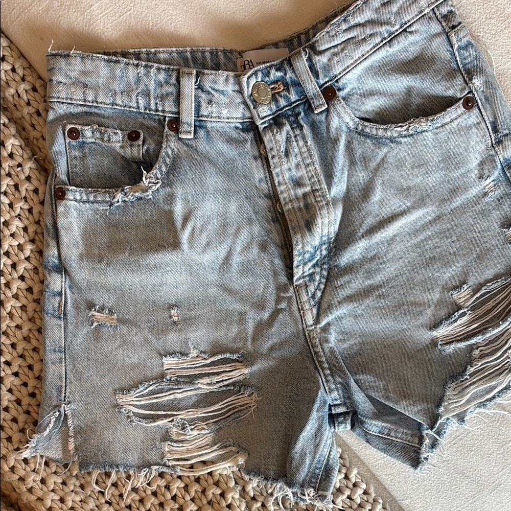Zara Distressed Light Blue Denim Shorts